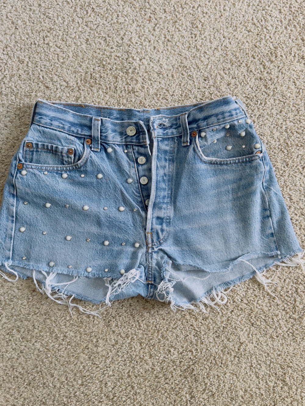 Levi's Light Blue Distressed Denim Shorts with Pearl Studs